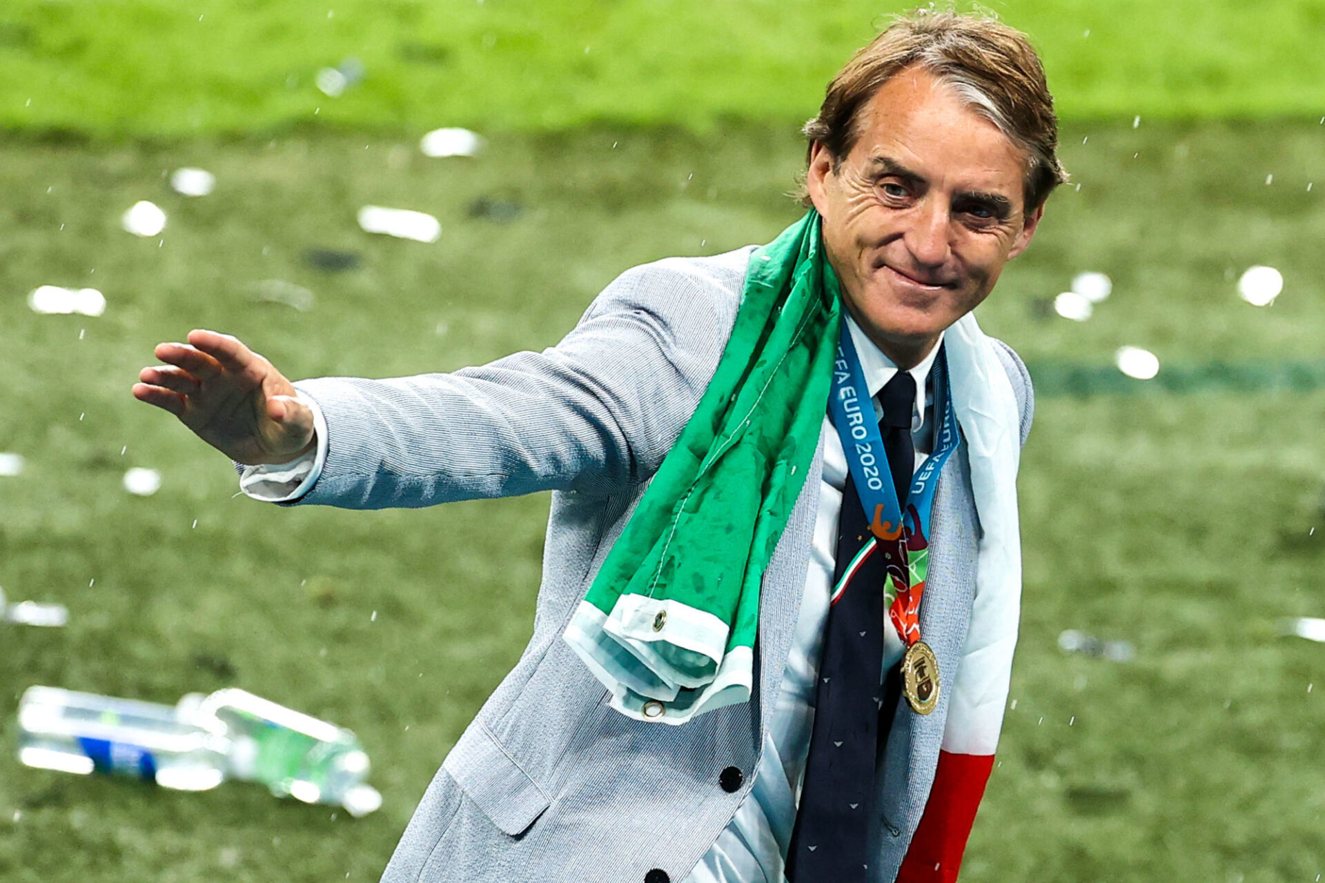 Roberto Mancini a rendu hommage &agrave; ses joueurs apr&egrave;s la victoire de l'Italie en finale de l'Euro 2020 contre l'Angleterre. Icon Sport