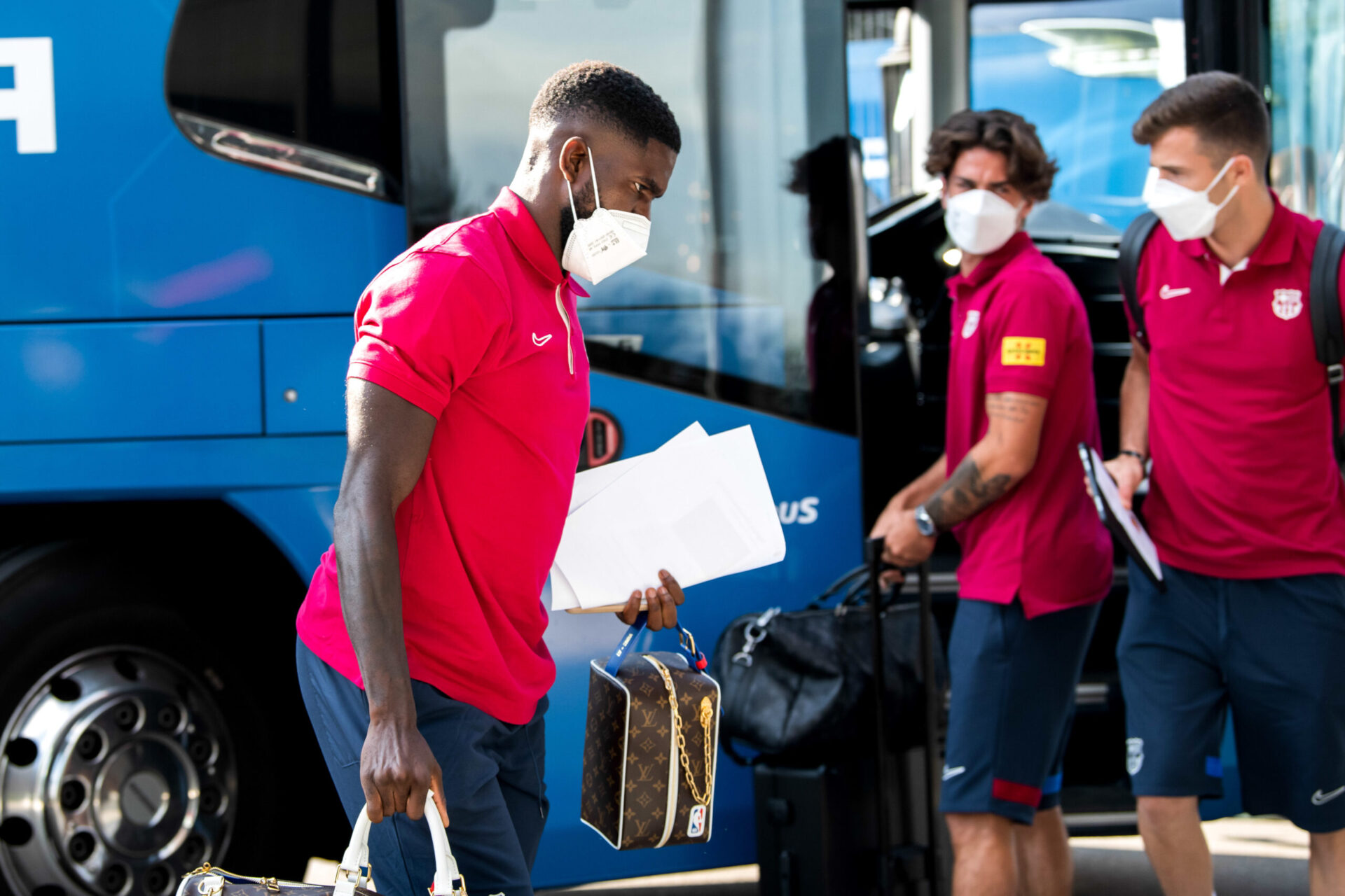 Samuel Umtiti lors de son arrivée au camp d'entraînement d'Oschbergohf (Iconsport).