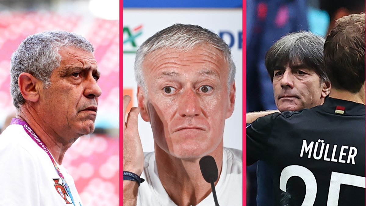 Fernando Santos, le sélectionneur du Portugal (à gauche), Didier Deschamps, celui de la France (au centre), et Joachim Löw, sélectionneur de l'Allemagne à l'Euro 2020, n'ont pas fait adhérer leur groupe à leur projet, selon Louis van Gaal. Icon Sport