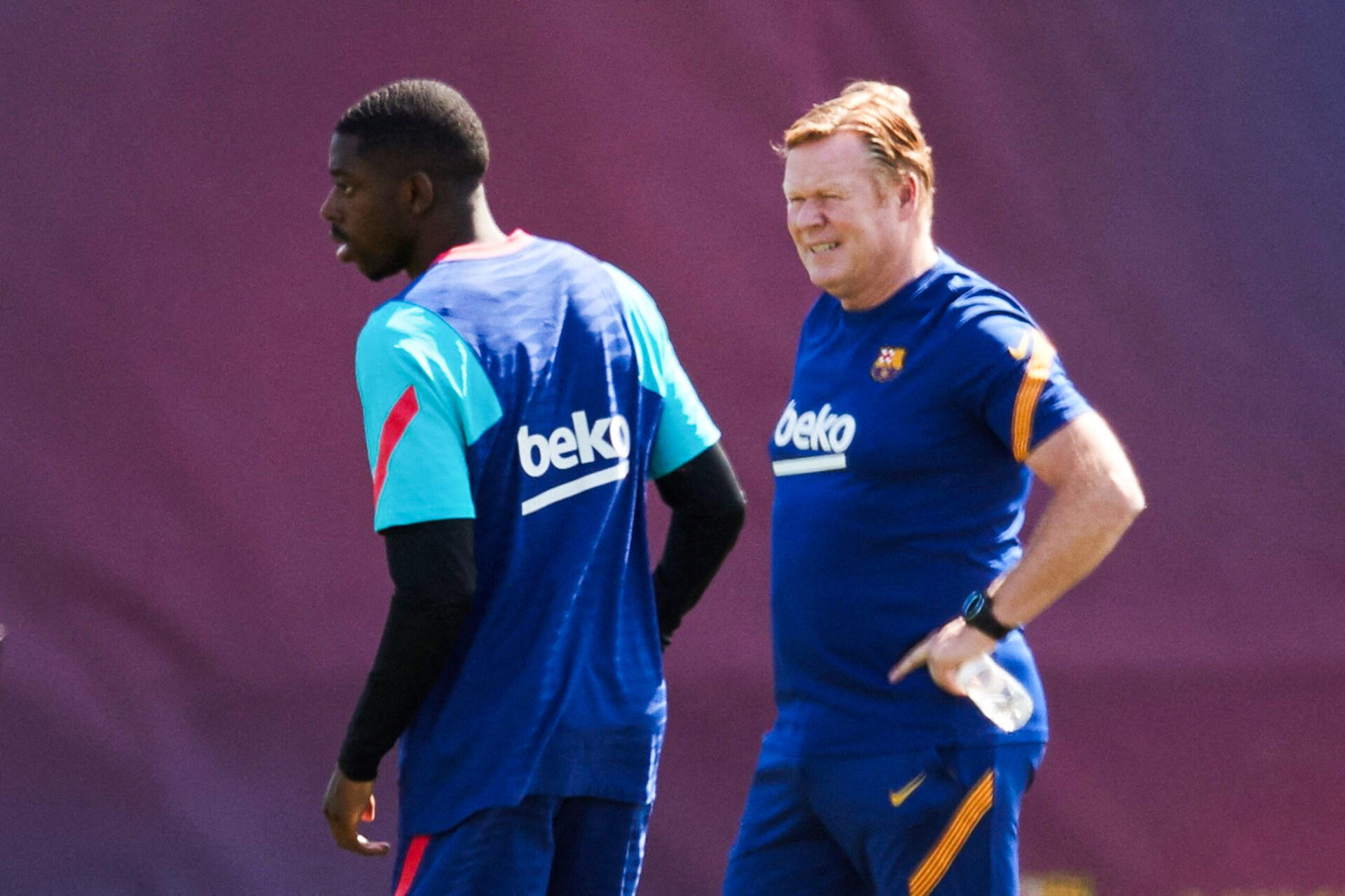 Ronald Koeman et Ousmane Dembélé lors d'un entraînement du FC Barcelone (IconSport)