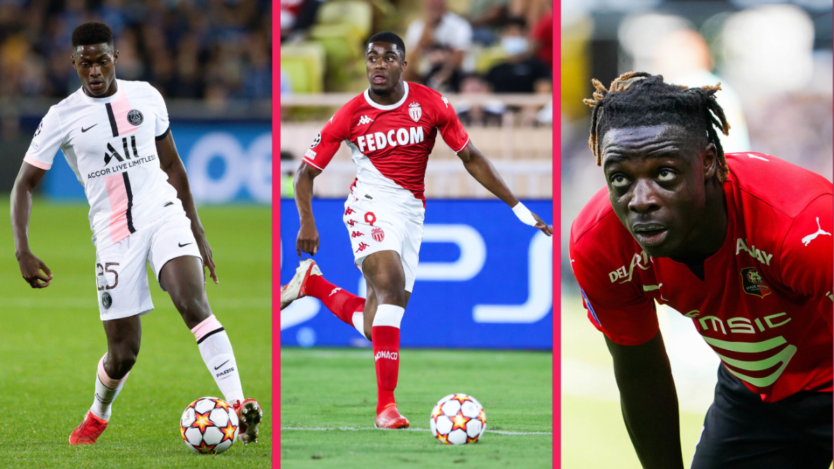 De gauche à droite : Nuno Mendes (PSG), Myron Boadu (Monaco) et Jérémy Doku (Rennes). Icon Sport