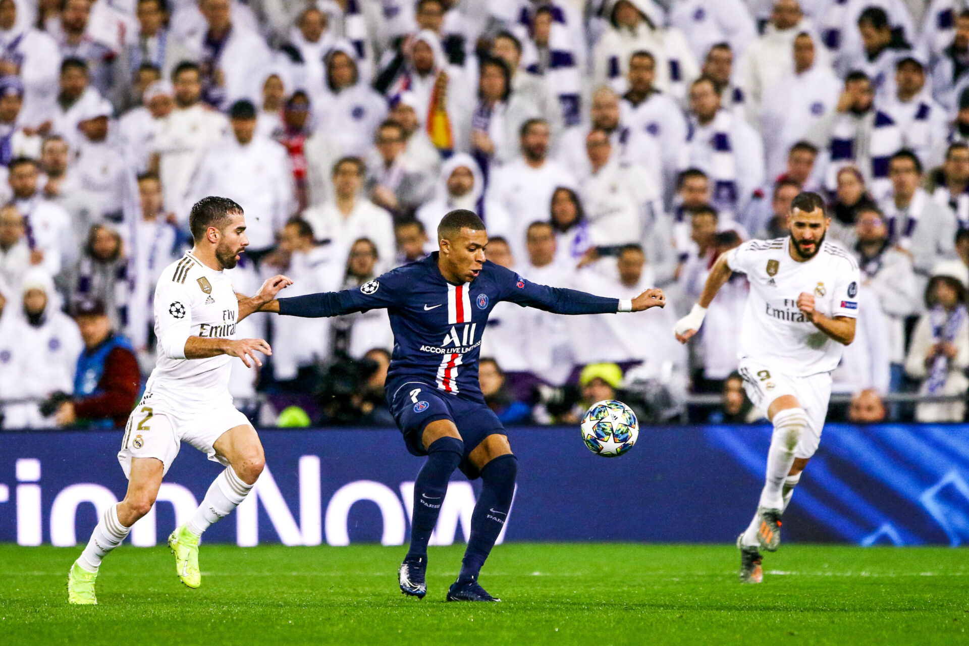 Mbappé, au stade Santiago Bernabéu en 2019, lors d'un match de Ligue des champions entre le Real Madrid et le Paris Saint-Germain. Icon Sport