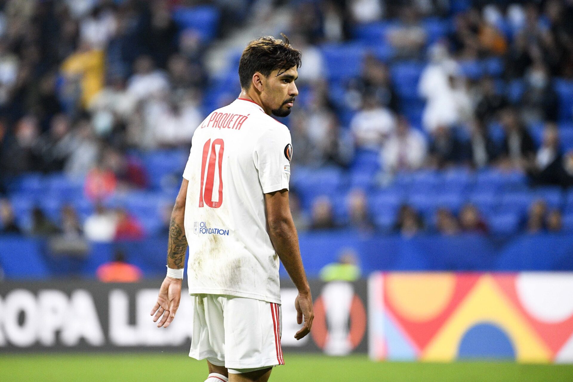 Lucas Paquet&aacute;, lors du derby contre l'AS Saint-Etienne &agrave; Geoffroy Guichard le 03 octobre 2021. Icon Sport