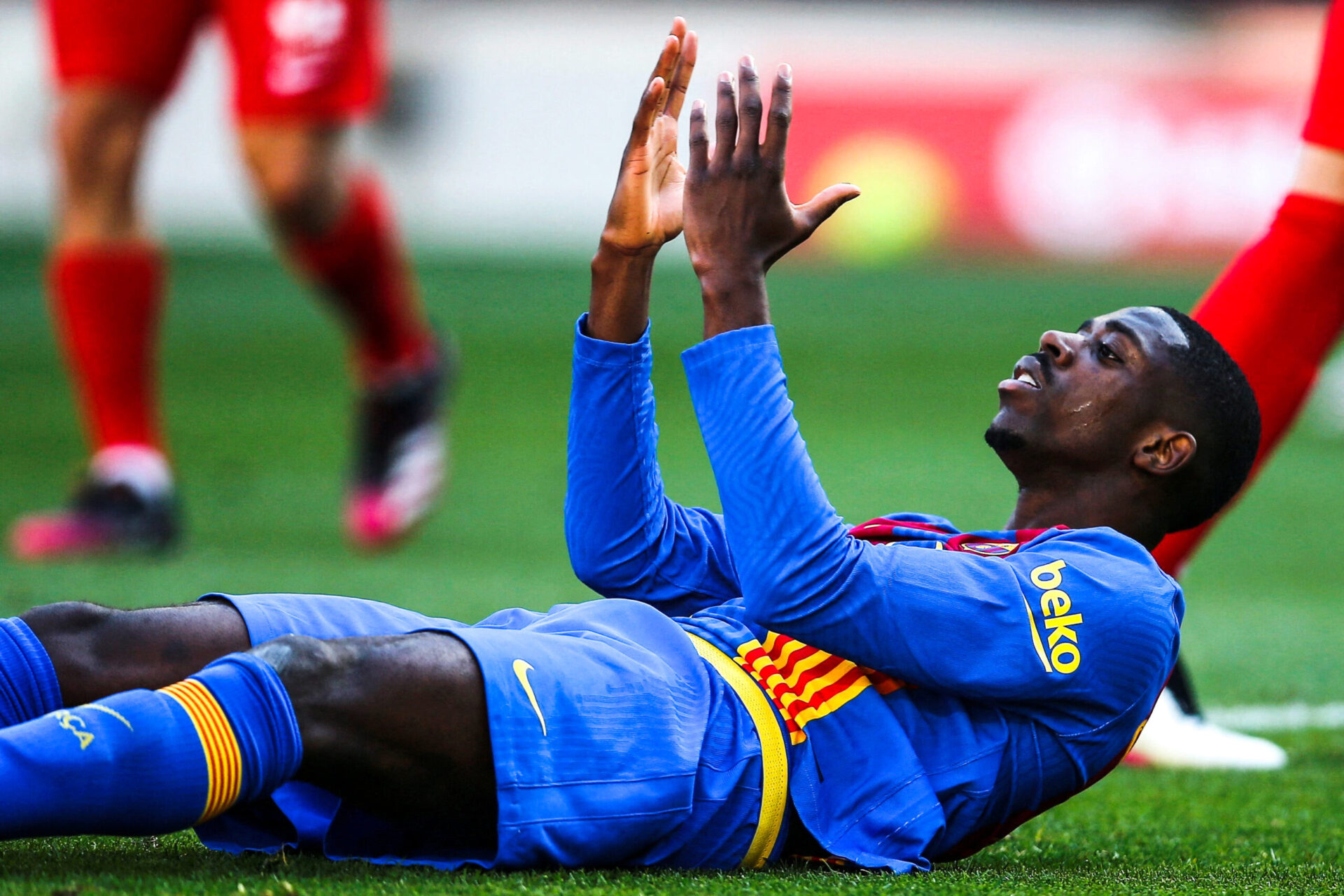 Ousmane Demb&eacute;l&eacute; s'&eacute;tait bless&eacute; le 28 juin dernier avec l'&eacute;quipe de France. Icon Sport