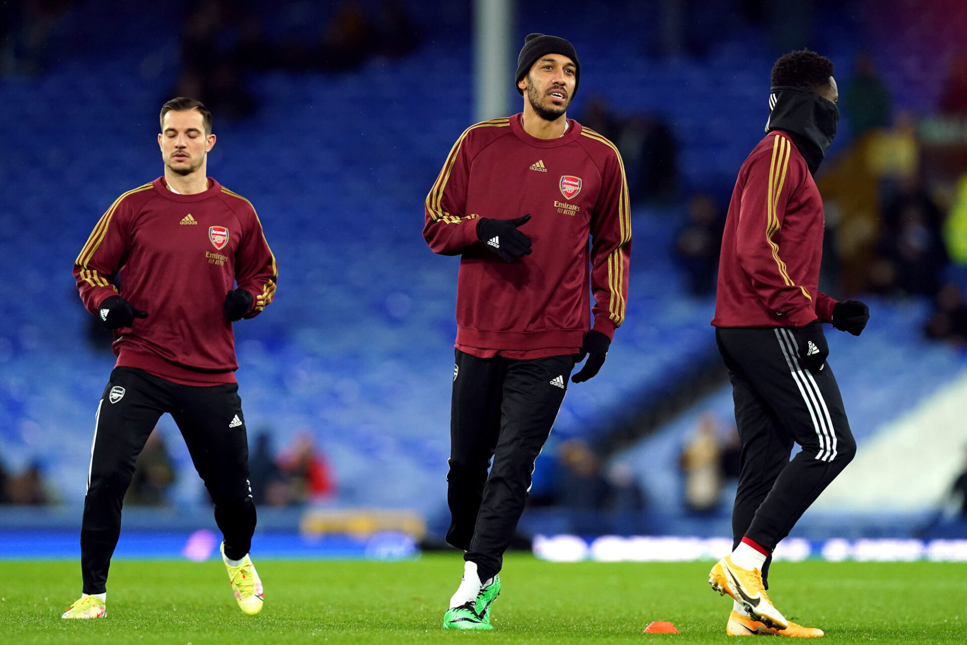 Aubameyang &agrave; l'&eacute;chauffement lors de son dernier match avec Arsenal, 06/12/2021 contre Everton. (Icon Sport)