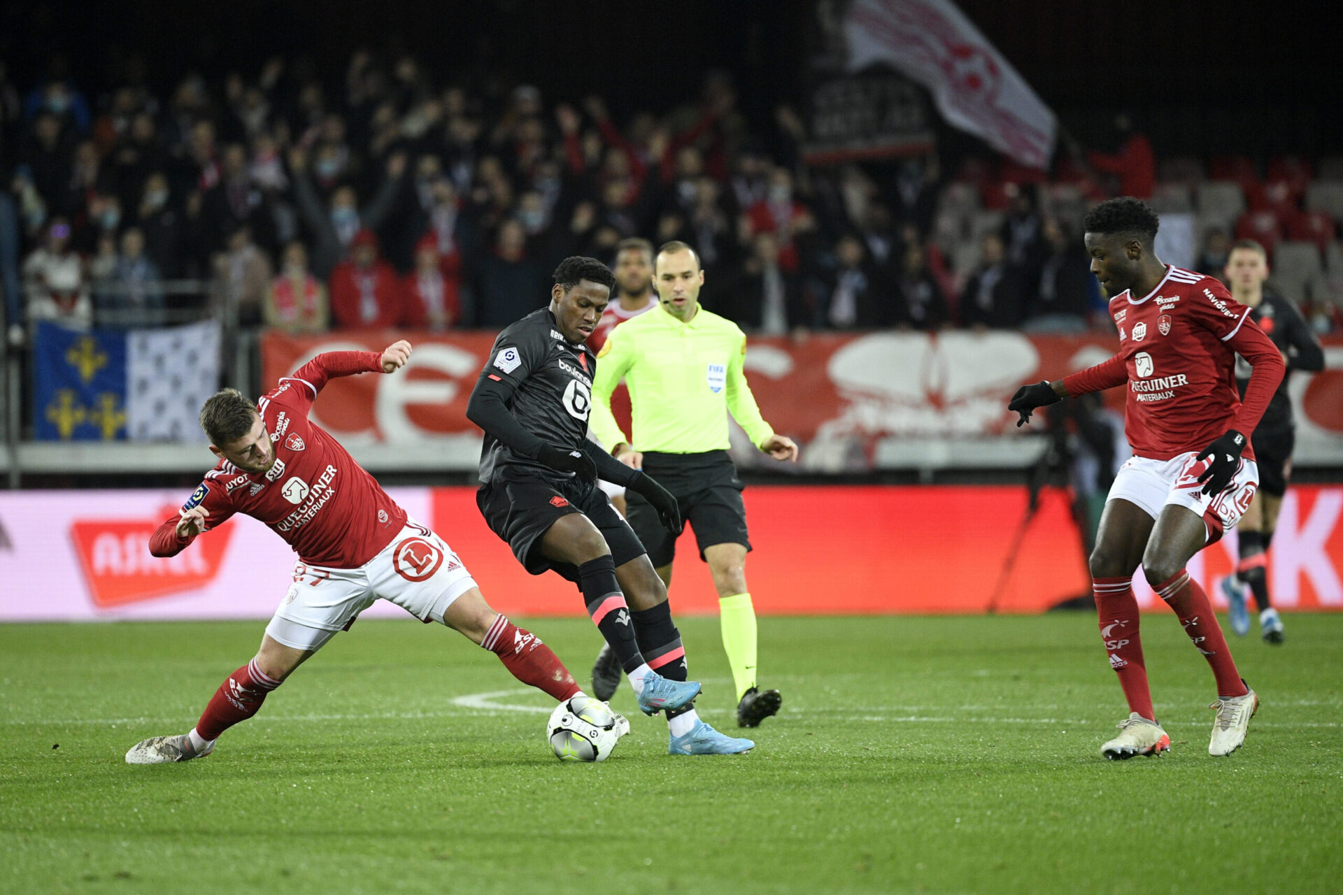 Jonathan David et les Lillois, battus par le Stade Brestois lors de la 22&egrave;me journ&eacute;e de Ligue 1. Icon Sport
