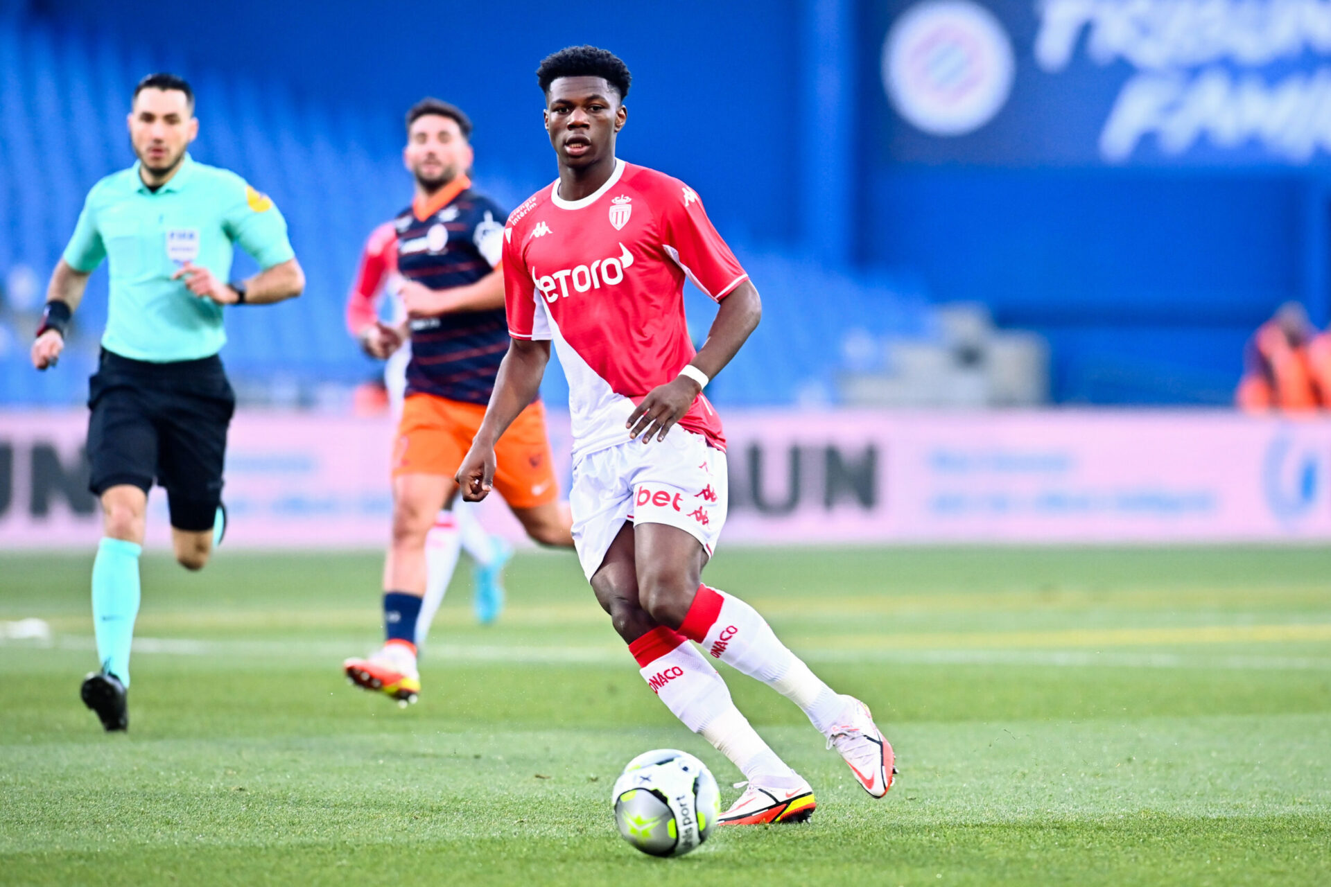 Aur&eacute;lien Tchouam&eacute;ni, lors de la rencontre entre Monaco et Montpellier au stade de la Mosson, lors de la 22&egrave;me journ&eacute;e de Ligue 1. Icon Sport