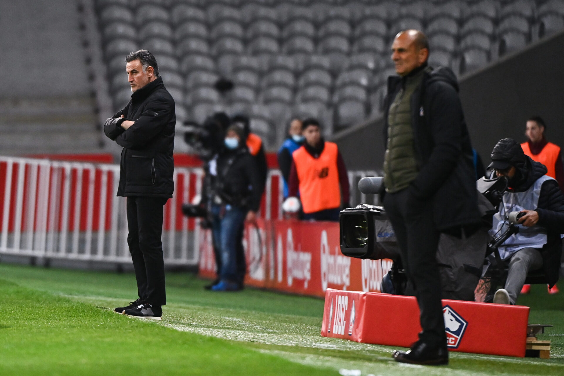Christophe Galtier et Michel Der Zakarian, face &agrave; face la saison derni&egrave;re lors du match de Ligue 1 entre Lille et Montpellier. Icon Sport