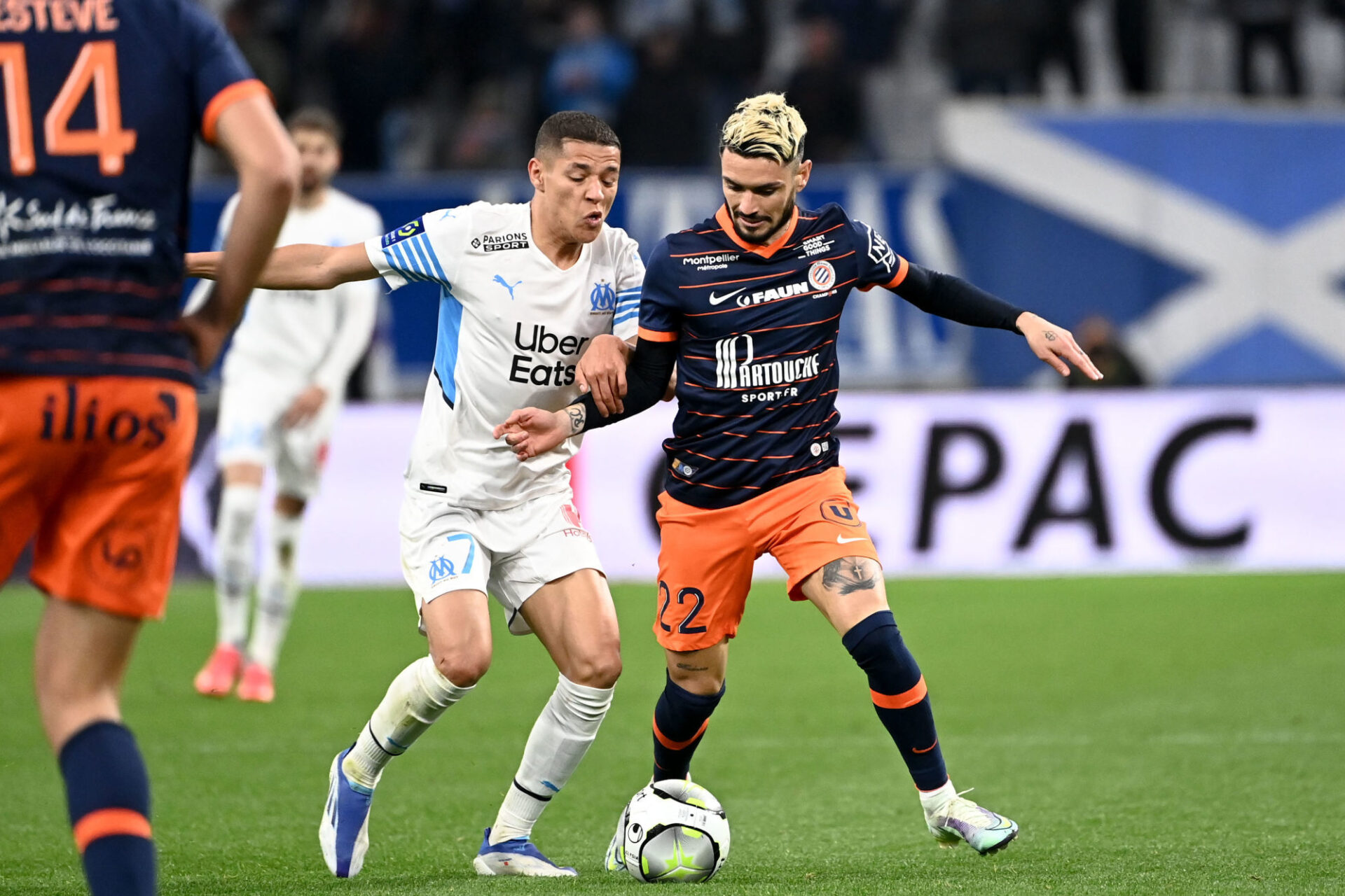 La joie des joueurs de l'OM apr&egrave;s l'ouverture du score de Dieng face &agrave; Montpellier (iconsport)