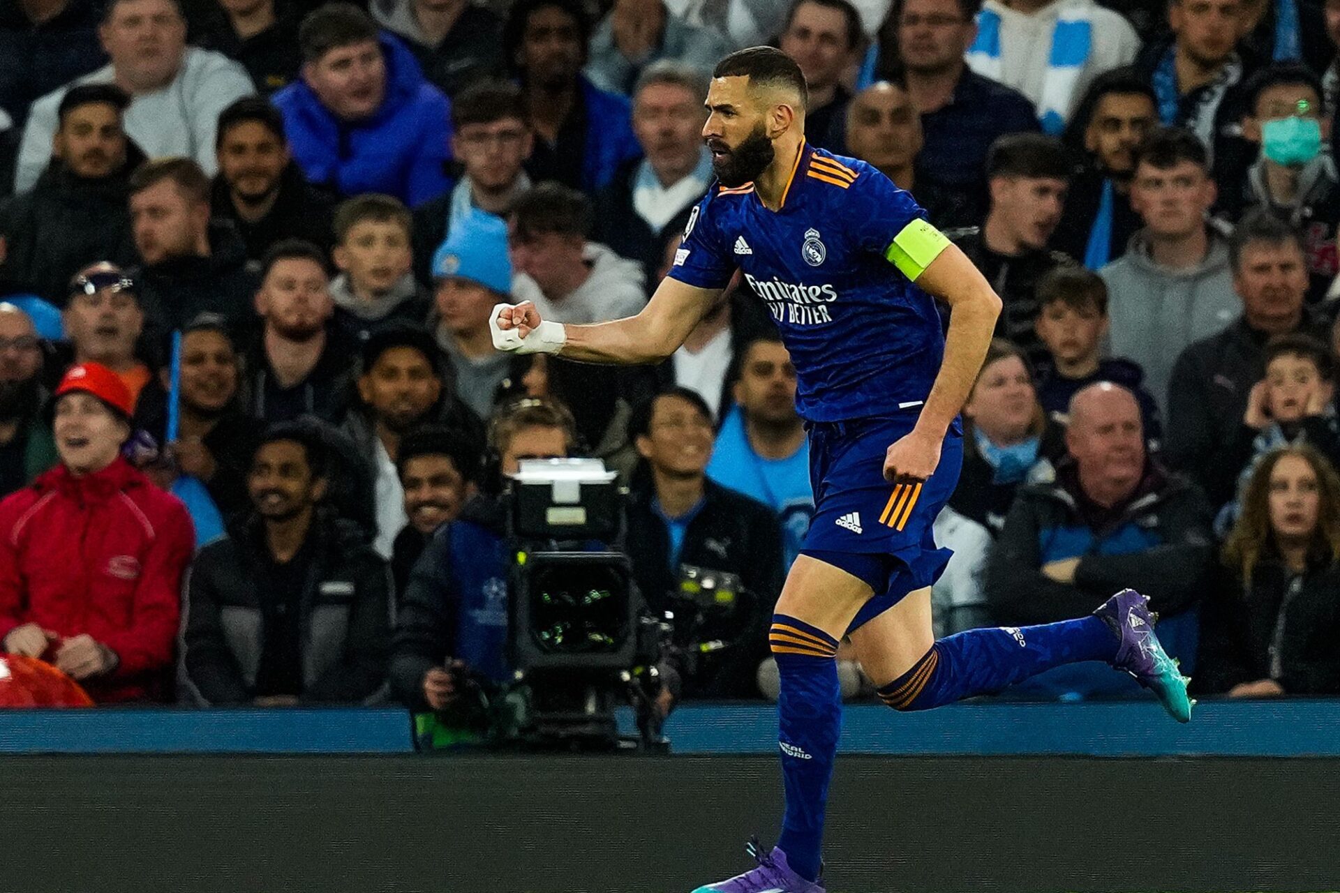 La joie de Benzema, auteur de ses 13e et 14e buts cette saison en Ligue des Champions face &agrave; City (iconsport)