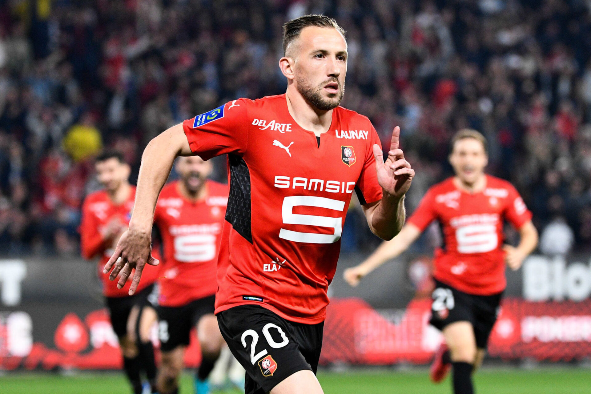 Flavien Tait c&eacute;l&egrave;bre son 3&egrave;me avec le Stade Rennais, cette saison. (Icon Sport)