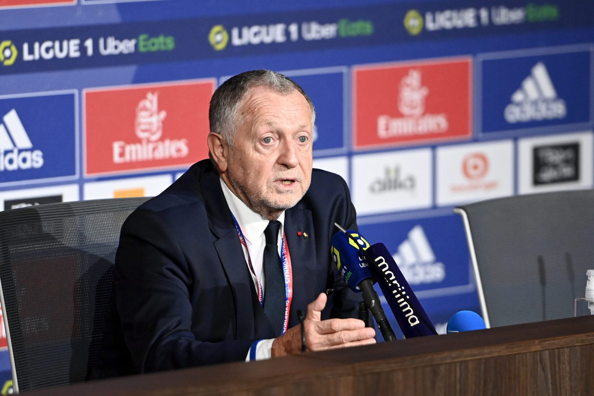 Jean-Michel Aulas &eacute;tait marqu&eacute; en conf&eacute;rence de presse ce vendredi apr&egrave;s la d&eacute;faite de l'OL (0-3) face &agrave; West Ham. Icon Sport 