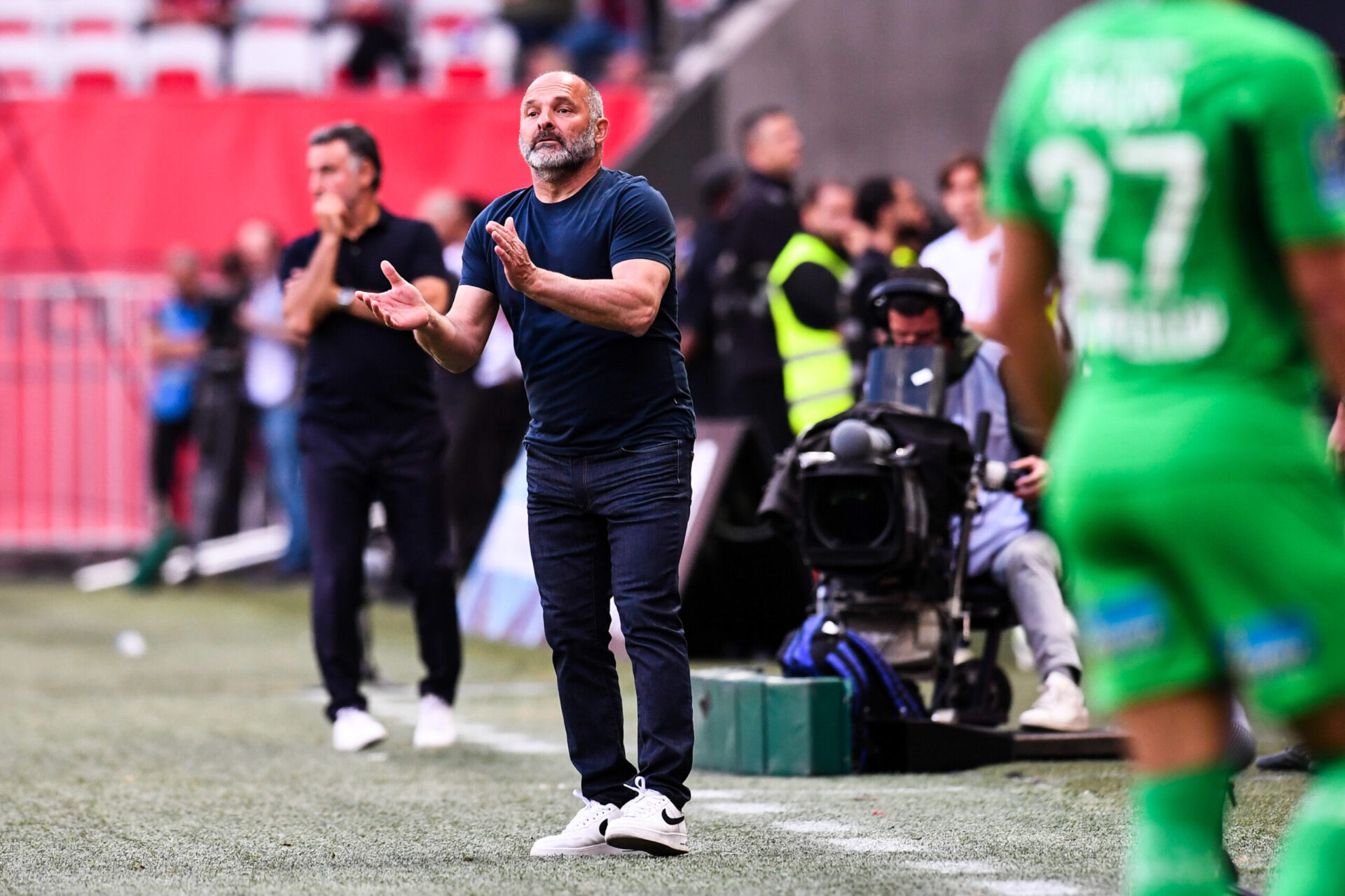 Pascal Dupraz et Christophe Galtier pendant Nice-ASSE. / Icon Sport