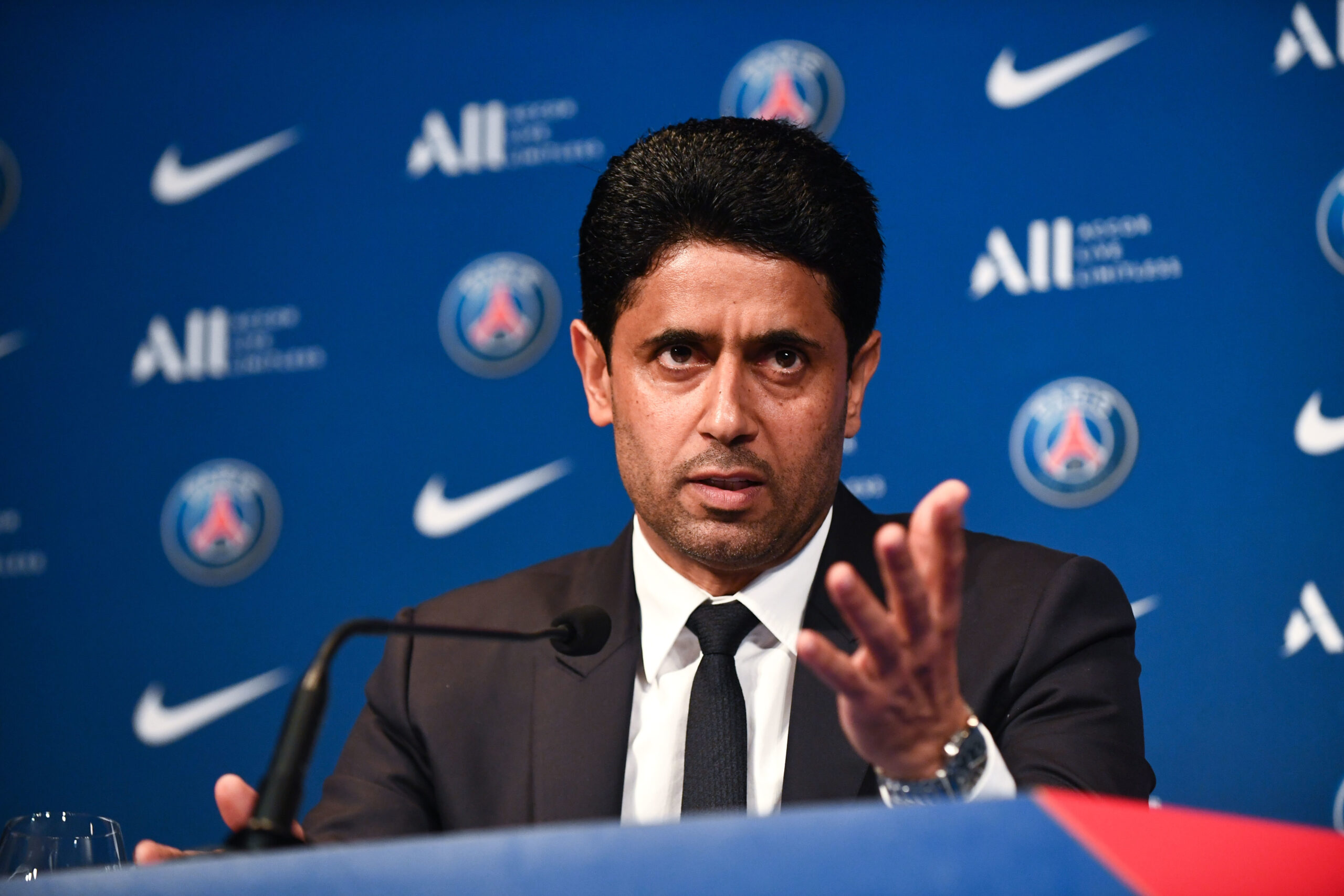 Nasser al-Khelaïfi a pris la parole pour annoncer le projet du PSG. Icon Sport