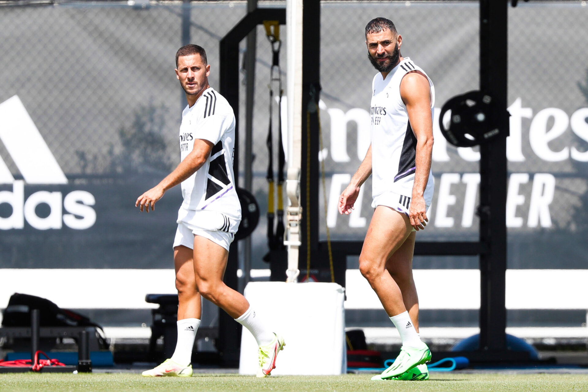Eden Hazard et Karim Benzema, &agrave; l'entra&icirc;nement avec le Real Madrid. (Icon Sport)